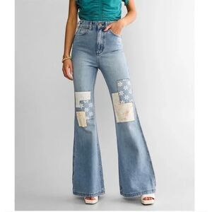 Wrangler x Billabong Super Flare Jean Patchwork Distressed High Rise Surf NWOT